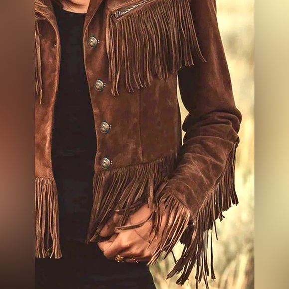 ❤️Hello Fringe!! Western Vegan Brown Suede Fringe Button Up Jacket - Picture 3 of 7